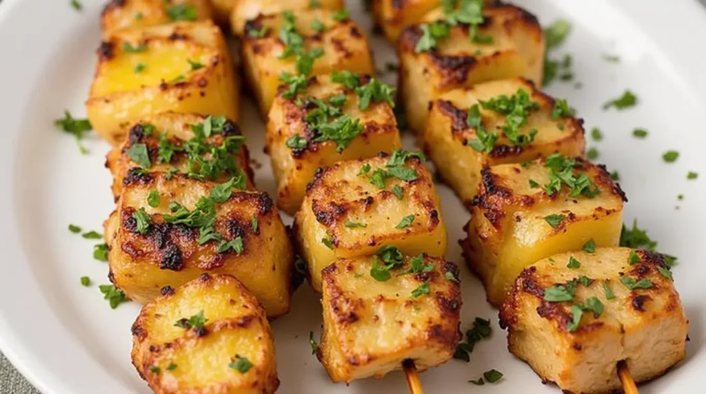 Grilled Pineapple Chicken Skewers with parsley garnish