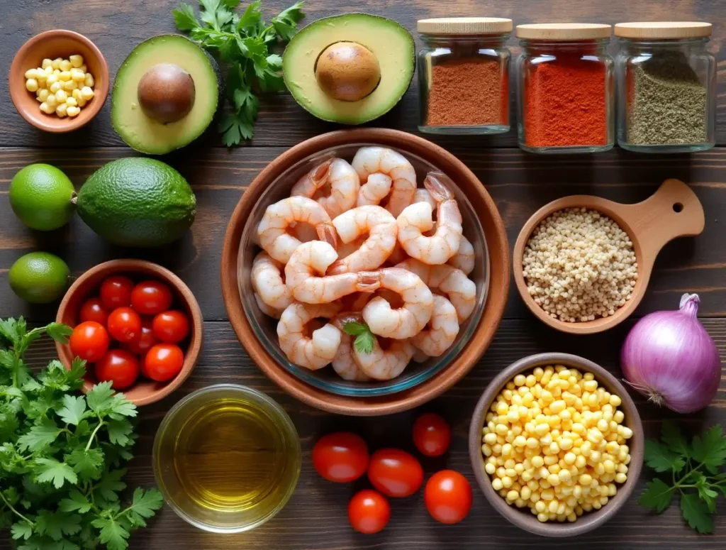 Irresistible Blackened Shrimp Bowls for Easy Weeknight Wins 2 Ingredients for blackened shrimp bowls laid out on a rustic wooden table